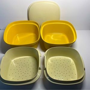 Vintage Tupperware Steam and Store Ivory lid Gold Base; 2 sets of base